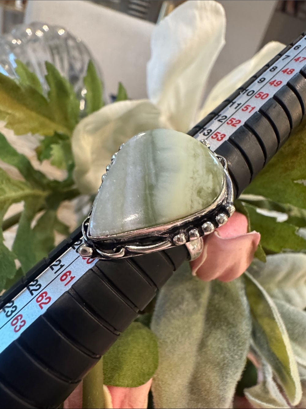 Estate Green and White Stone Sterling Silver Statement Ring